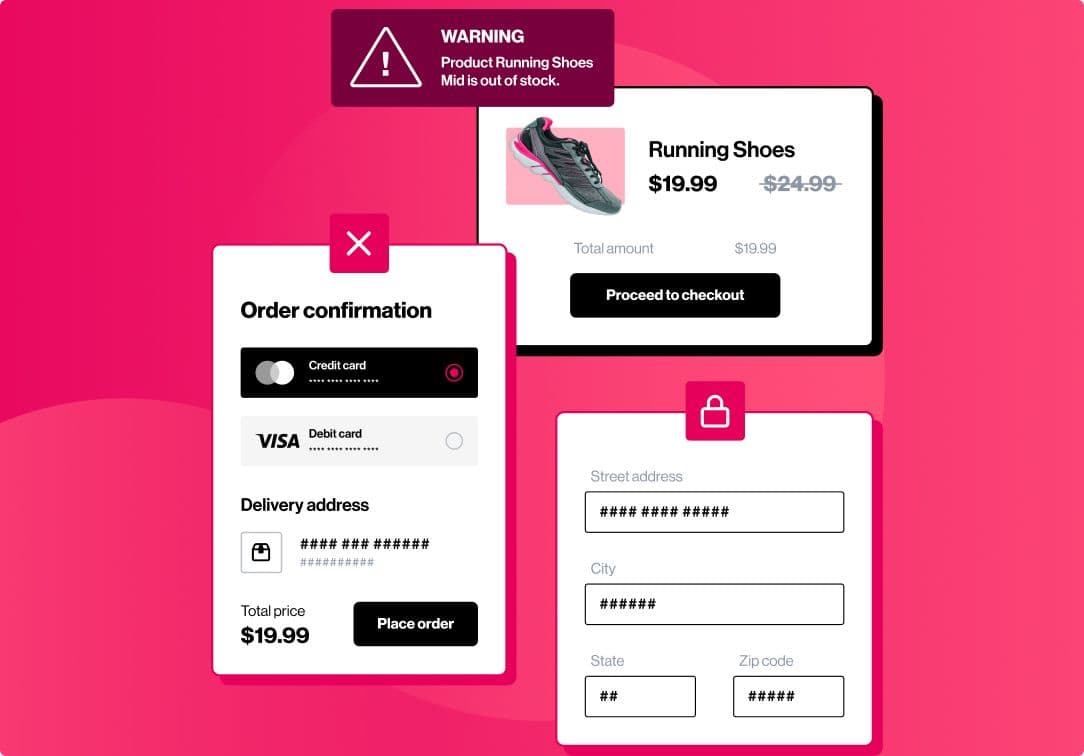 Checkout confirmation with out of stock alert, credit card form, and delivery address in ecommerce analytics