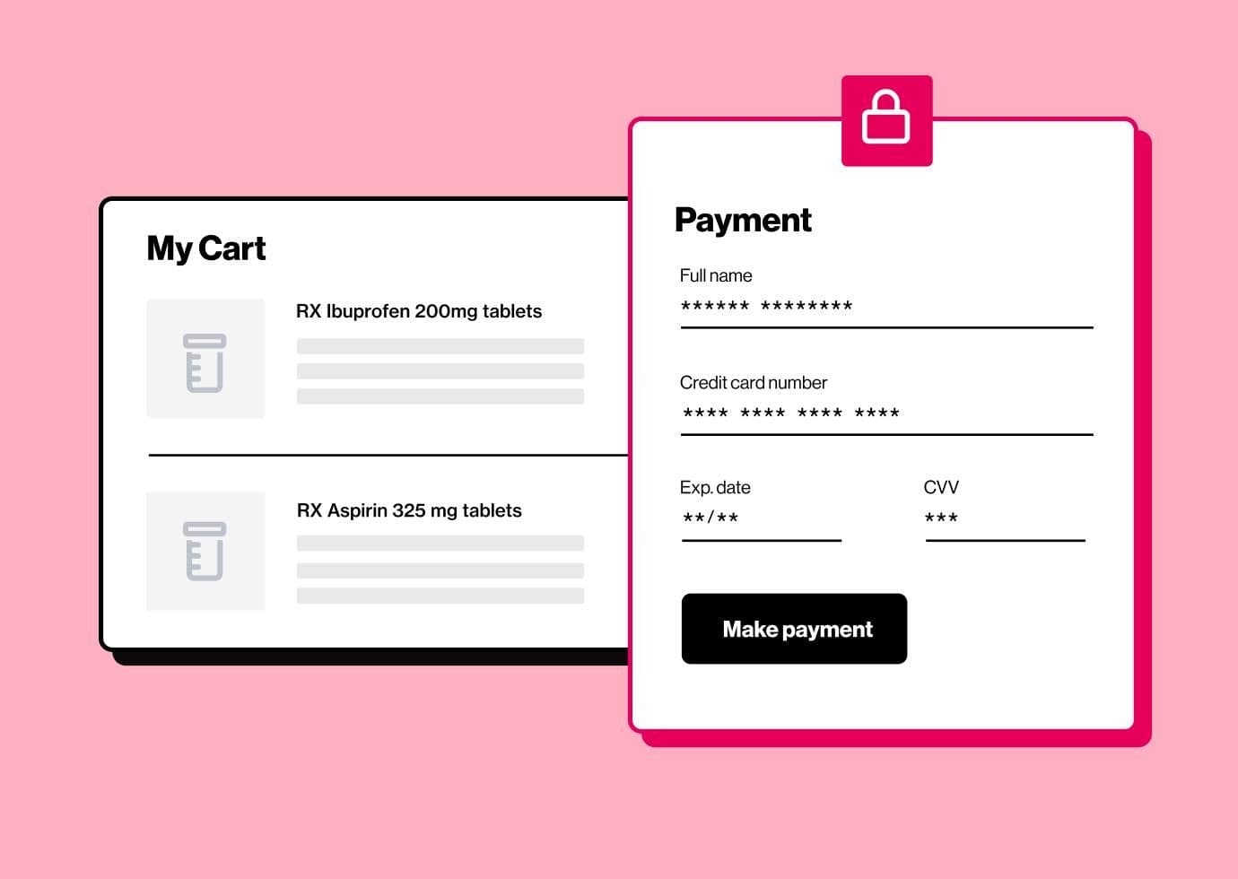 My Cart with RX medications and secure payment form with masked card details in digital healthcare checkout