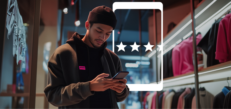 Young man in a clothing store rating his experience on his smart phone