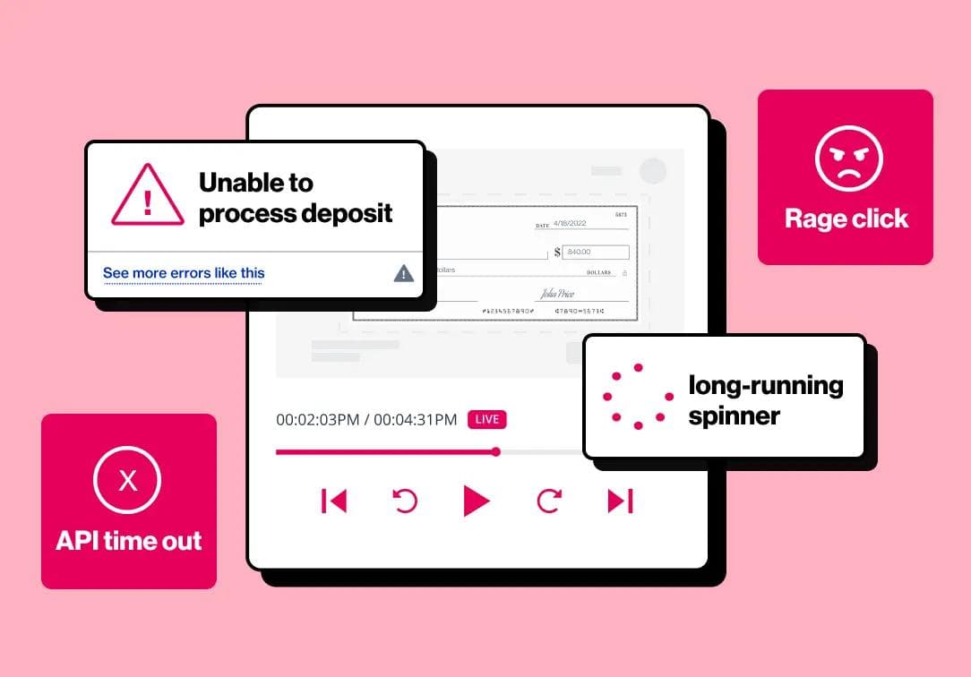 Graphic showing user frustration errors like API timeout and rage click in digital deposit process for banking
