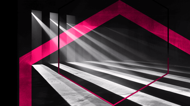 Abstract image of light beams in dark room with pink hexagon overlay for banking solutions