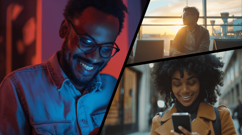 Collage of people using phones and laptop for mobile telecom user engagement insights