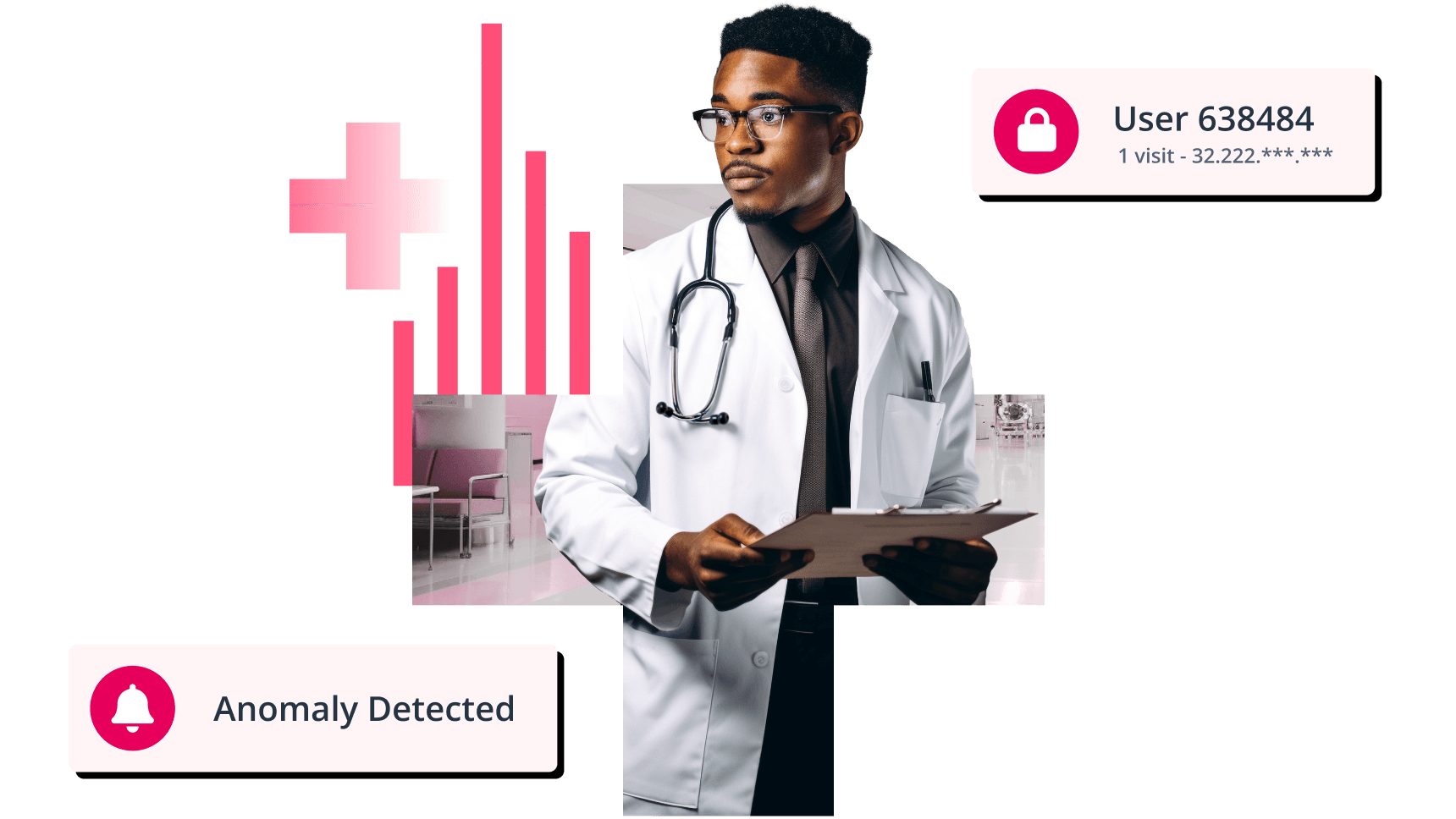 Doctor reviewing clipboard with anomaly detection alert, user visit data, and bar chart overlay in healthcare analytics