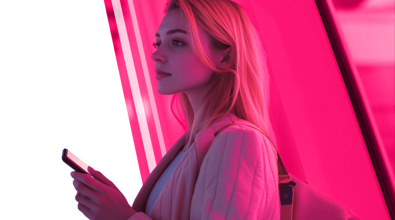 Woman using phone in pink neon lighting for mobile gaming user experience insights